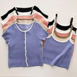 Set:two Tone Camisole Top + Short-sleeve Knit Top
