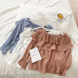 Plain Off-shoulder Ruffled-trim Blouse