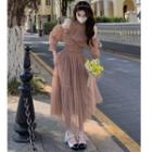 Puff-sleeve Off-shoulder Mesh Midi A-line Dress