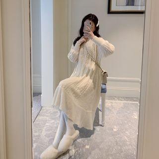 Long-sleeve Knit A-line Midi Dress Almond - One Size