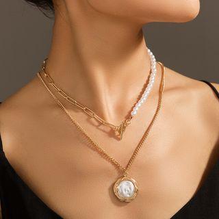 Set: Faux Pearl Chain Necklace + Faux Pearl Pendant Necklace Set Of 2 - Nz990 - Faux Pearl Chain Necklace & Faux Pearl Pendant Necklace - Gold - One Size