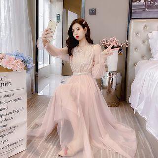 Long-sleeve Sequined V-neck Midi Dress