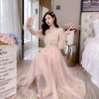 Long-sleeve Sequined V-neck Midi Dress