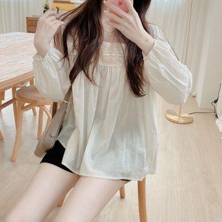 Square-neck Long-sleeve Blouse Light Almond - One Size