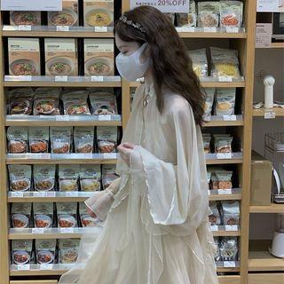 Mandarin Collar Light Jacket / Spaghetti Strap Midi A-line Dress