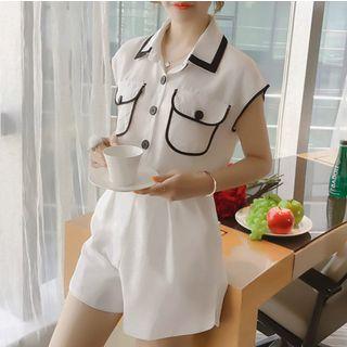 Set: Sleeveless Contrast-trim Shirt + Shorts
