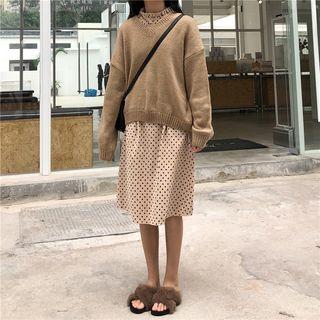 Frilled Trim Dotted Print Dress / Drop Shoulder V-neck Loose Sweater