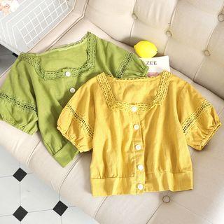 Square-neck Flower Trim Short-sleeve Shirt