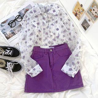 Short-sleeve Floral Printed Chiffon Shirt Purple Shirt - One Size
