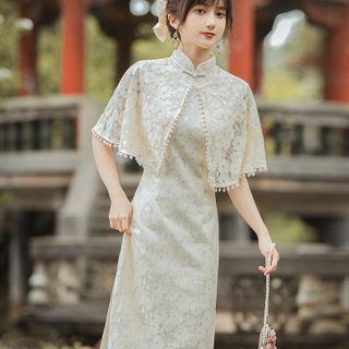 Set: Sleeveless Embroidered Qipao + Scarf