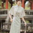 Set: Sleeveless Embroidered Qipao + Scarf
