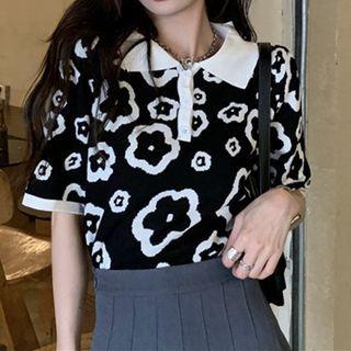 Short Sleeve Polo Neck Floral Print Crop Top