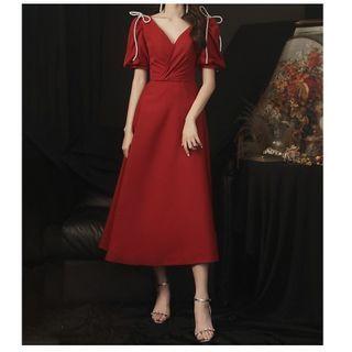 Short-sleeve Ribbon A-line Evening Dress
