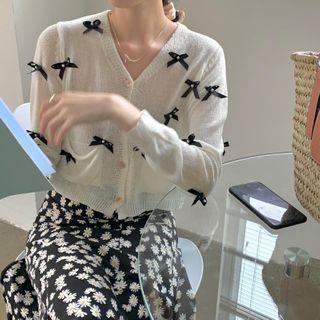 Faux Pearl Bow Cardigan / Floral Print Midi A-line Skirt