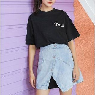 Set: Short Sleeve T-shirt Dress + Buttoned Denim Wrapped Skirt