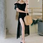 Set: Mesh Panel Cold Shoulder Swimsuit + Cover-up