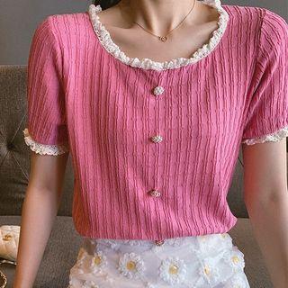 Short-sleeve Contrast Trim Cable Knit Top