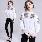 3/4-sleeve Embroidered Placket Top