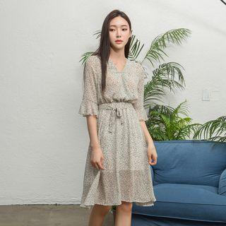 V-neck Floral Midi Dress With Sash Ivory - One Size