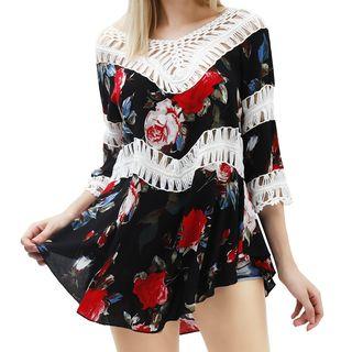 Flower Print 3/4-sleeve V-neck Tunic