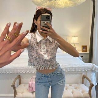 Cap-sleeve Fringed Tweed Crop Top