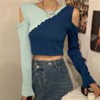 Two-tone Cold-shoulder Crop T-shirt