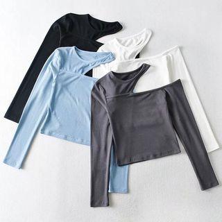 Long-sleeve Round Neck Cutout Plain T-shirt