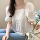 Square Neck Plain Ruched Puff Short Sleeve Oversized Top White - One Size