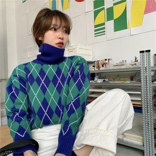 Turtleneck Argyle Sweater Purple & Green - One Size