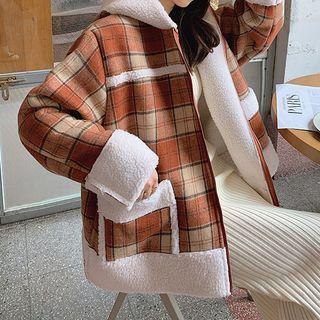Fleece-lined Plaid Zip-up Hooded Jacket