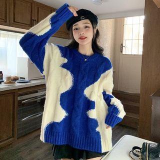 Two Tone Cable Knit Sweater Blue - One Size
