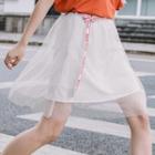 Mesh-overlay A-line Skirt With Belt