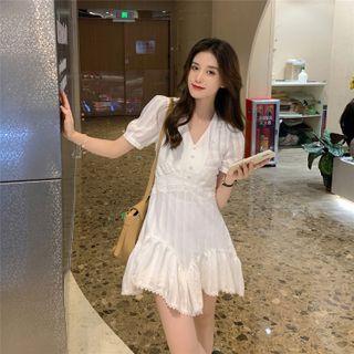 Short-sleeve V-neck Asymmetrical Hem Mini Dress