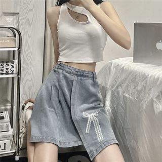 Washed Lace Bow Denim Skort