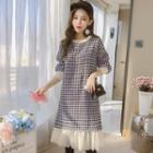 Mesh Panel Houndstooth Long-sleeve Knit Dress