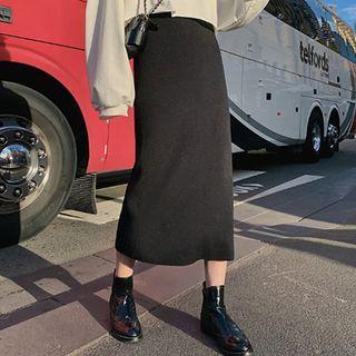 High-waist Plain Hem-slit Knit Skirt