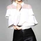 Mesh Panel Tiered Long-sleeve Blouse