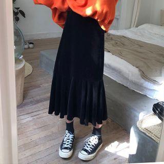 Ruffle Hem Velvet Midi A-line Skirt