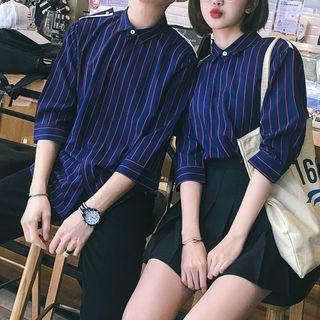 Couple Matching Pinstriped Elbow-sleeve Shirt
