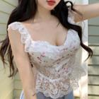 Sleeveless Floral Lace Trim Top Red Floral - White - One Size