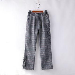 Ruffle Trim Plaid Straight-cut Pants