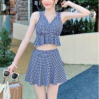 Set: Sleeveless Halter Neck Gingham Swim Top + Swim Skirt