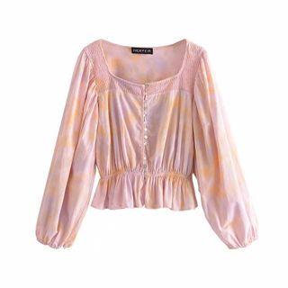 Balloon-sleeve Tie-dyed Blouse