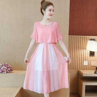 Color Panel Short Sleeve A-line Midi Dress
