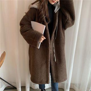 Faux Shearling Hooded Zip Long Coat
