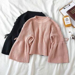 Plain Lace-up Crewneck Long-sleeve Knit Pullover