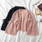Plain Lace-up Crewneck Long-sleeve Knit Pullover