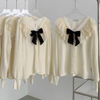 Ruffled Ribbon Tie-neck Lace Blouse