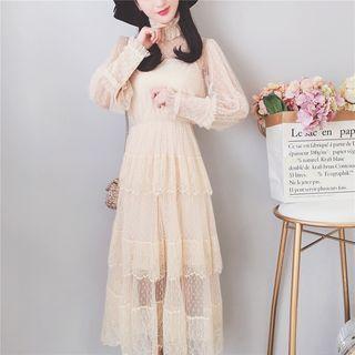 Set: Faux Pearl High Neck Midi Lace Dress + Strappy Dress