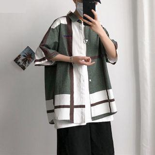Elbow-sleeve Lettering Plaid Shirt